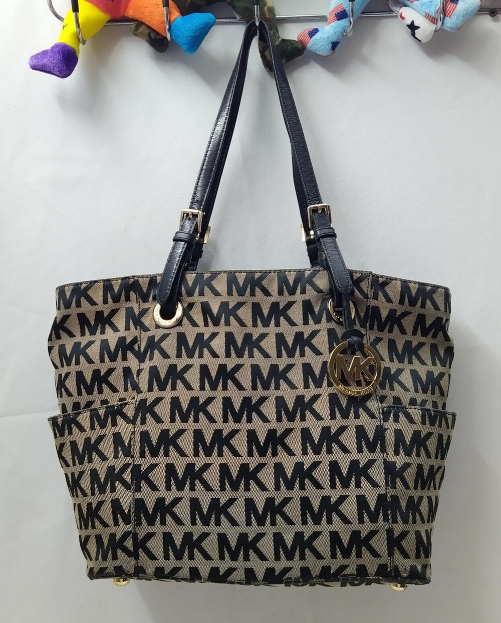 Michael Kors Jet Set Black Canvas MK Printed Double Handles Tote Shoulder Bag